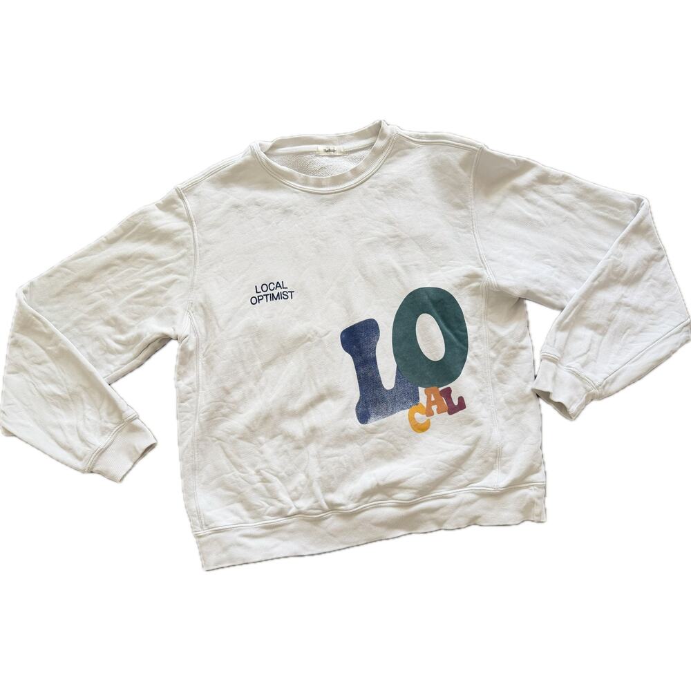 Madhappy Local Optimist Fleece Crewneck White Sweatshirt Distressed Medium